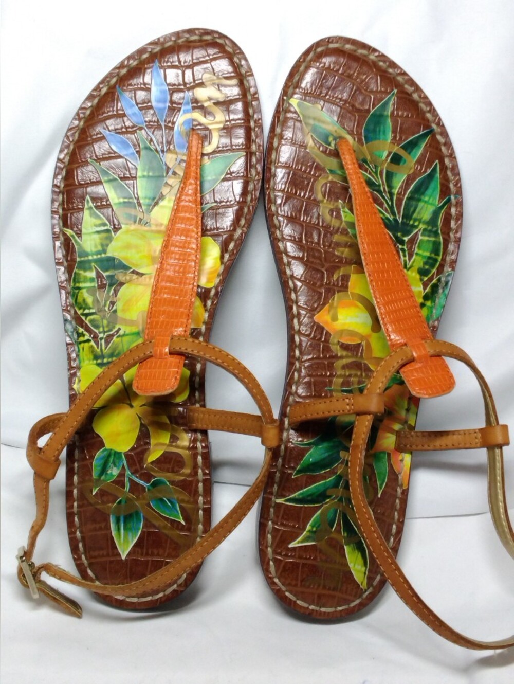 Sam Edelman "Gigi"  T Strap Thong Sandals/Orange strap with Flower Print Size 9